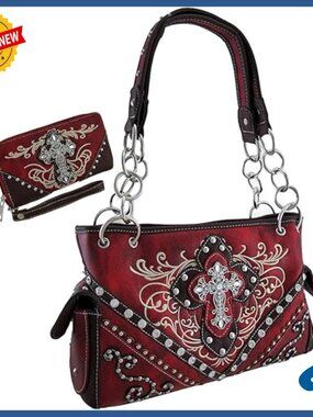 Western Embroidered Satchel Purse with Wallet Set, Concealed Carry Pocket